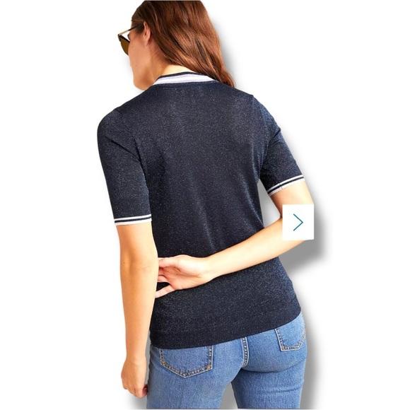 Anthropologie NUMPH Sparkly Navy with White Accents Short Sleeve Tie Collar Top - Picture 3 of 16